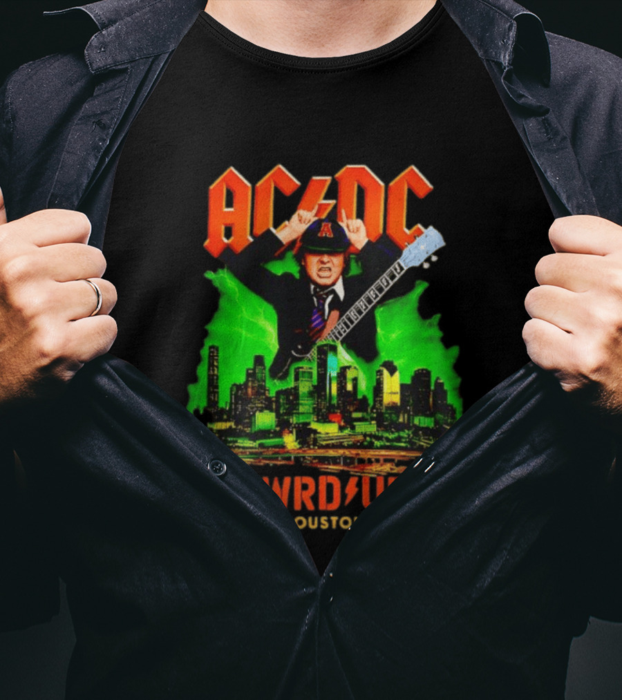 AC DC Angus Young Pwr Up Houston Hard Rock Skyline Electric Guitar T-Shirt