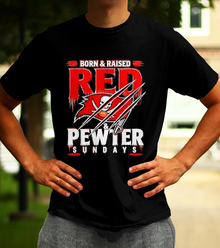 Born & Raised Red & Pewter Sundays Tampa Bay Buccaneers Fan Gear T-Shirt