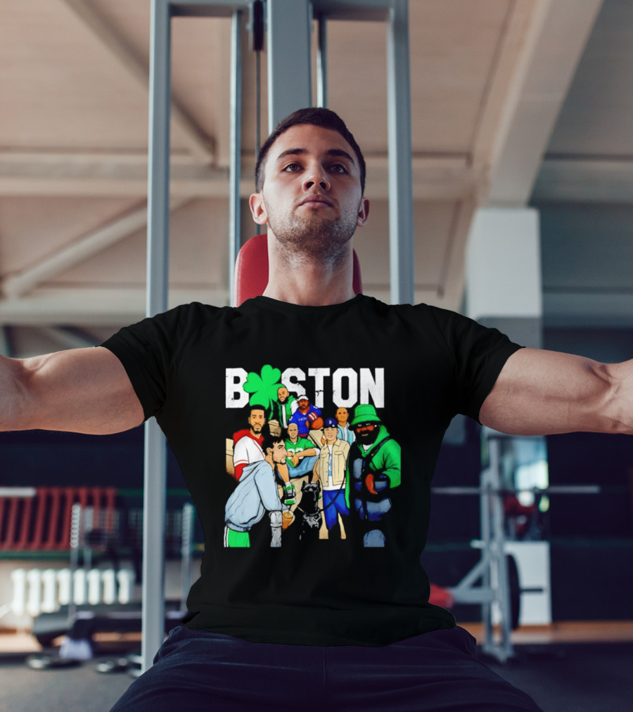 Boston Green Clover Sports Fan Characters Distressed Look T-Shirt