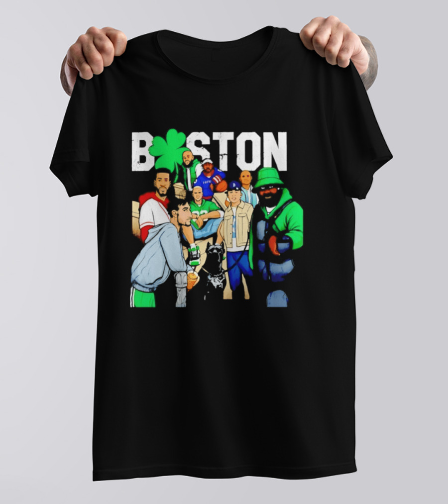 Boston Green Clover Sports Fan Characters Distressed Look T-Shirt