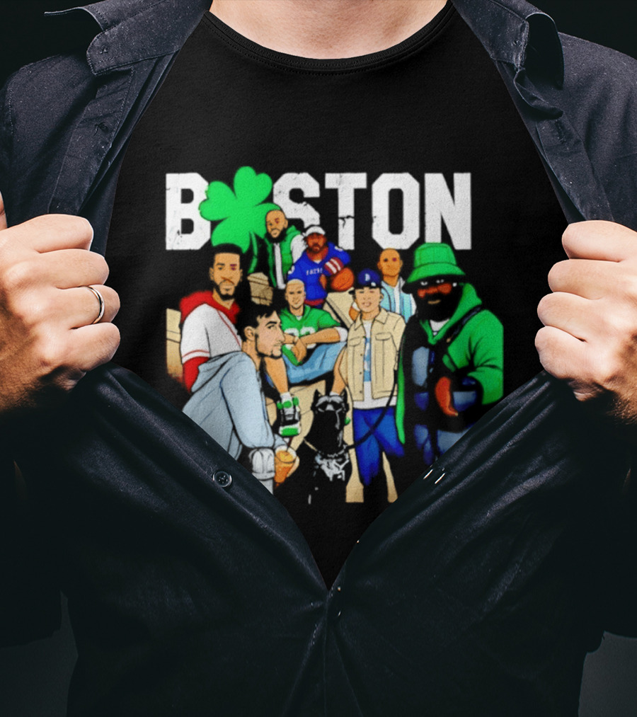 Boston Green Clover Sports Fan Characters Distressed Look T-Shirt