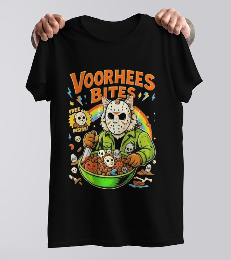 Voorhees Bites Jason Voorhees Cat Cereal Horror Mask Rainbow Feline Bowl Skeletons T-Shirt