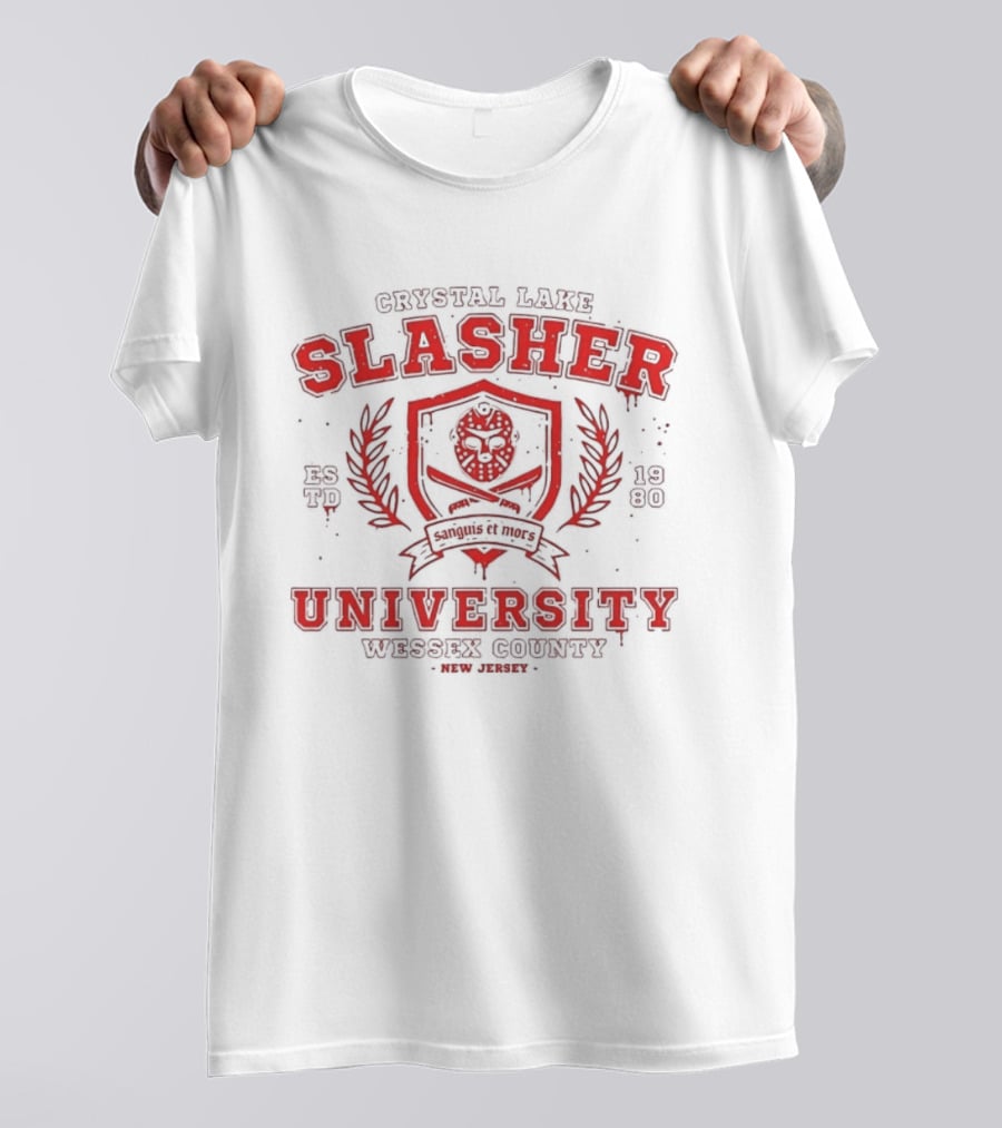 Crystal Lake Slasher University Estd 1980 Wessex County New Jersey Crest T-Shirt