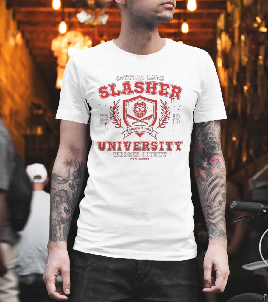 Crystal Lake Slasher University Estd 1980 Wessex County New Jersey Crest T-Shirt