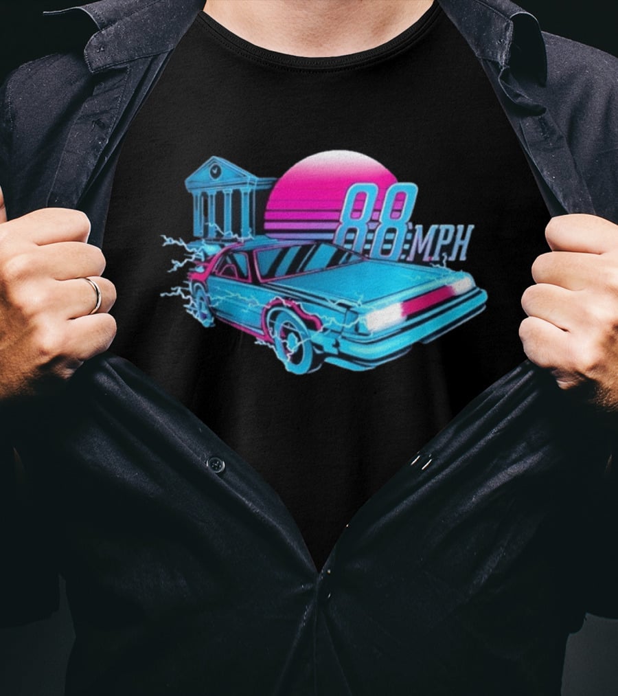 Back To The Future DeLorean 88 MPH Neon Style With Sunset And Tower T-Shirt