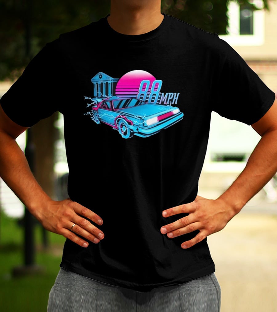 Back To The Future DeLorean 88 MPH Neon Style With Sunset And Tower T-Shirt