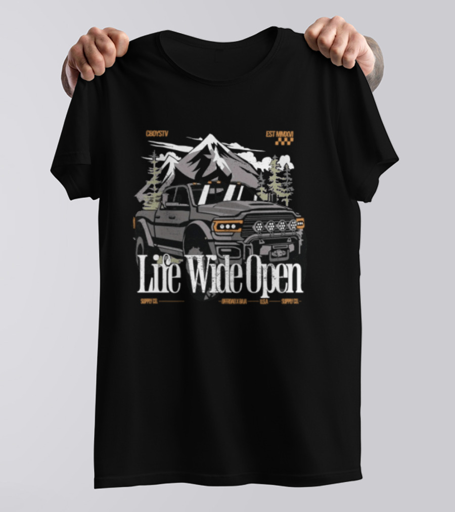 Cboystv Store Life Wide Open Ram Mountain Truck Adventure T-Shirt