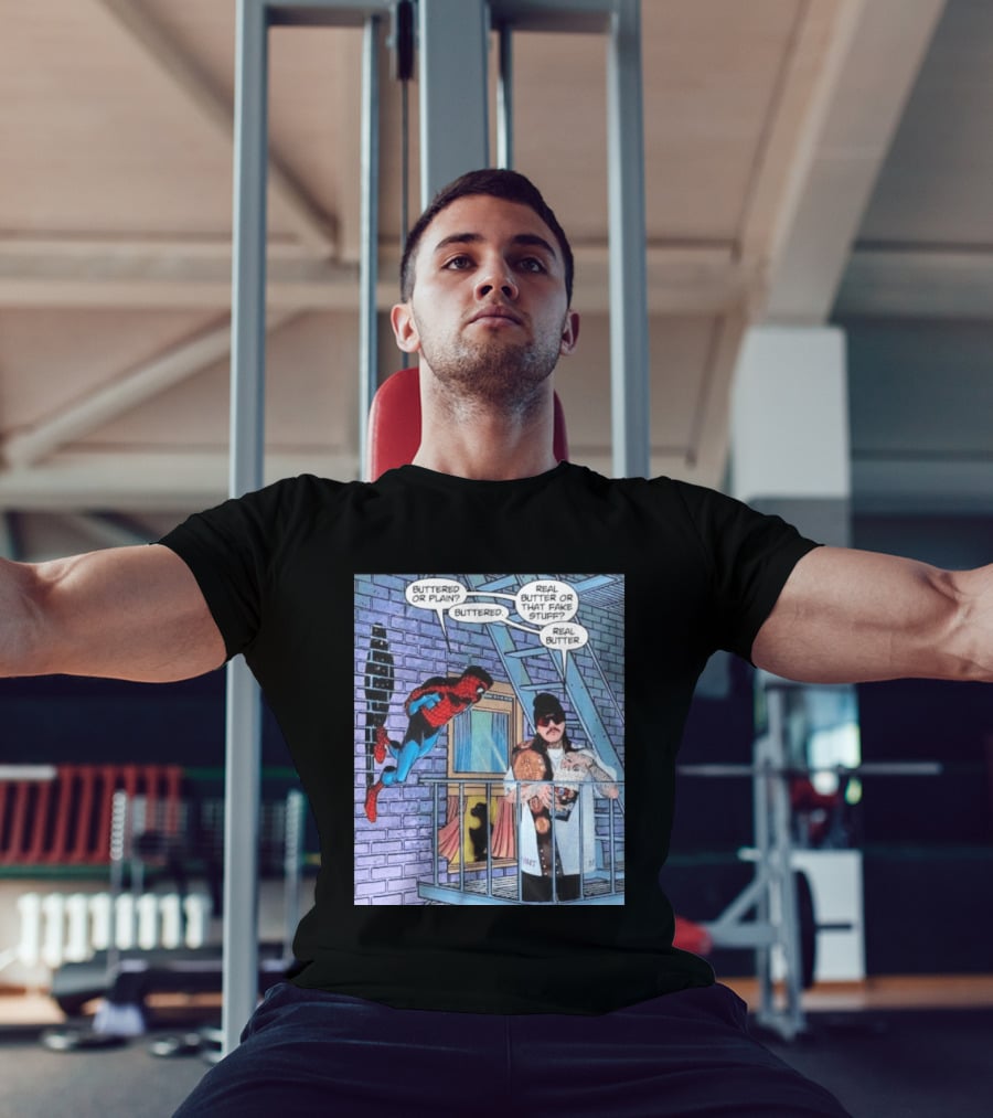 Spider Man Bret Hart Real Buttered Popcorn Balcony Scene T-Shirt