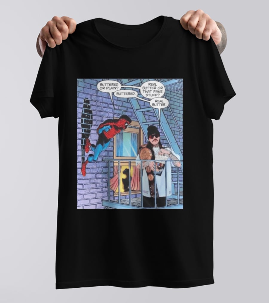Spider Man Bret Hart Real Buttered Popcorn Balcony Scene T-Shirt