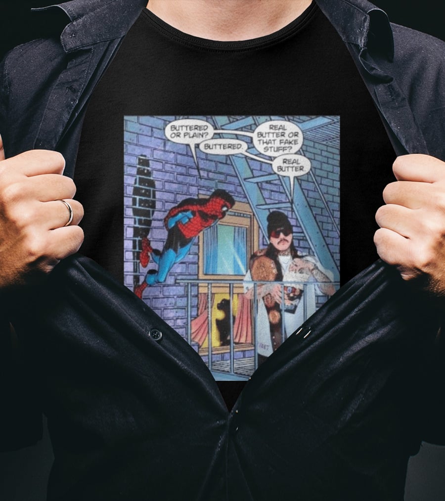 Spider Man Bret Hart Real Buttered Popcorn Balcony Scene T-Shirt