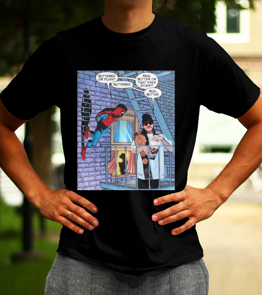 Spider Man Bret Hart Real Buttered Popcorn Balcony Scene T-Shirt