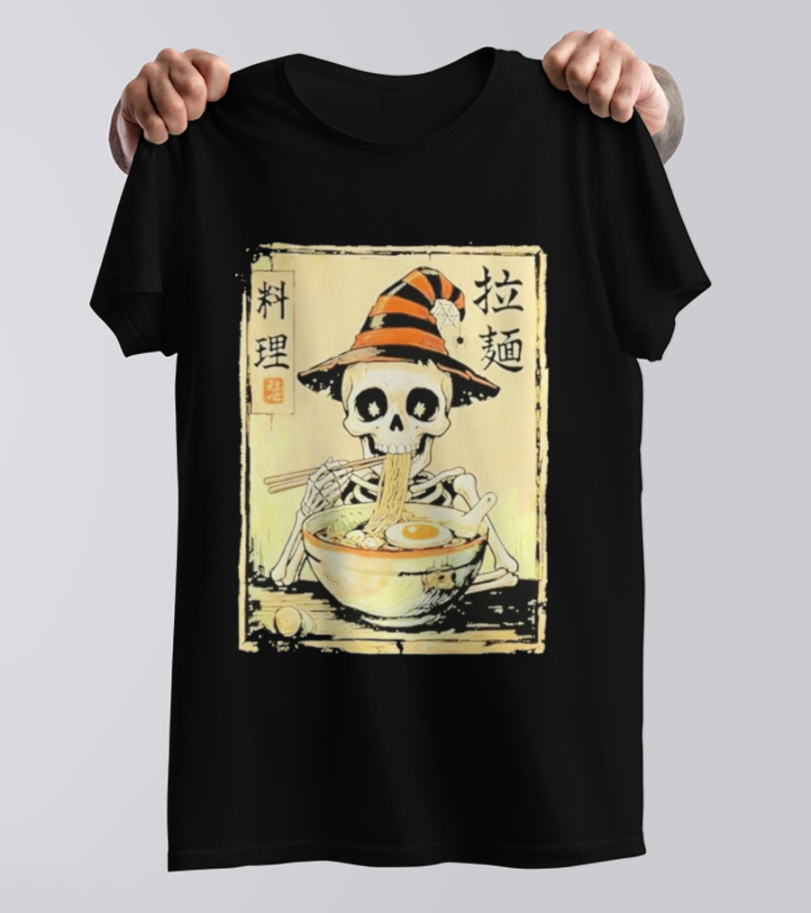 Witch Skeleton Eating Ramen With Japanese Kanji Characters T-Shirt