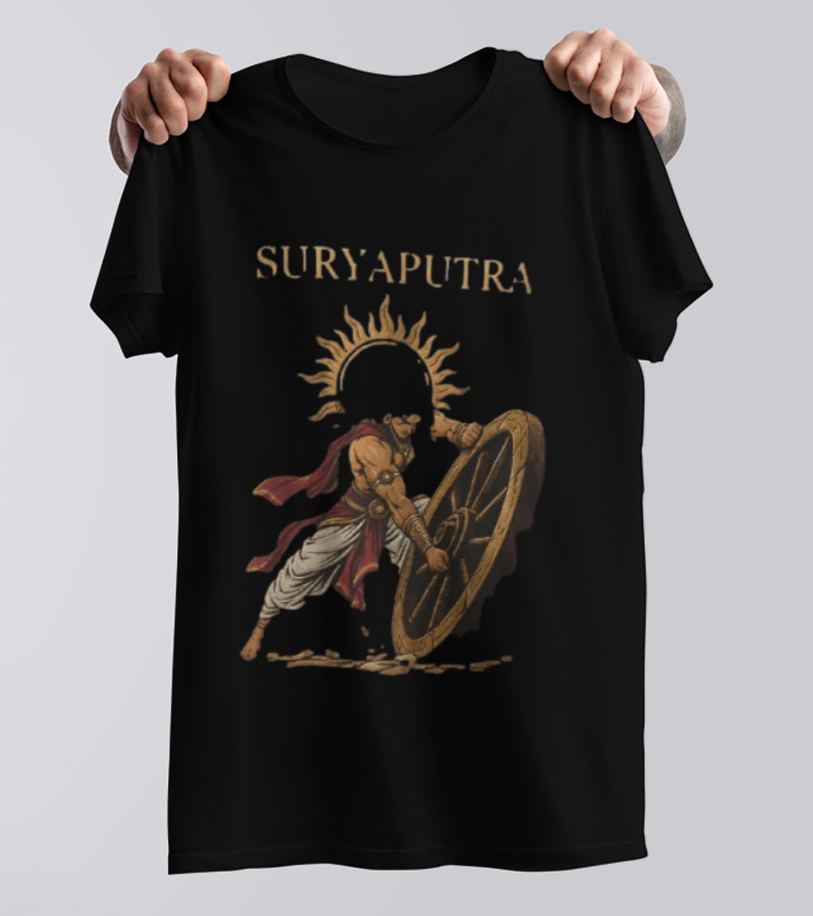 Karna Suryaputra Mahabharata Warrior Lifting Wooden Chariot Wheel With Sun Halo T-Shirt