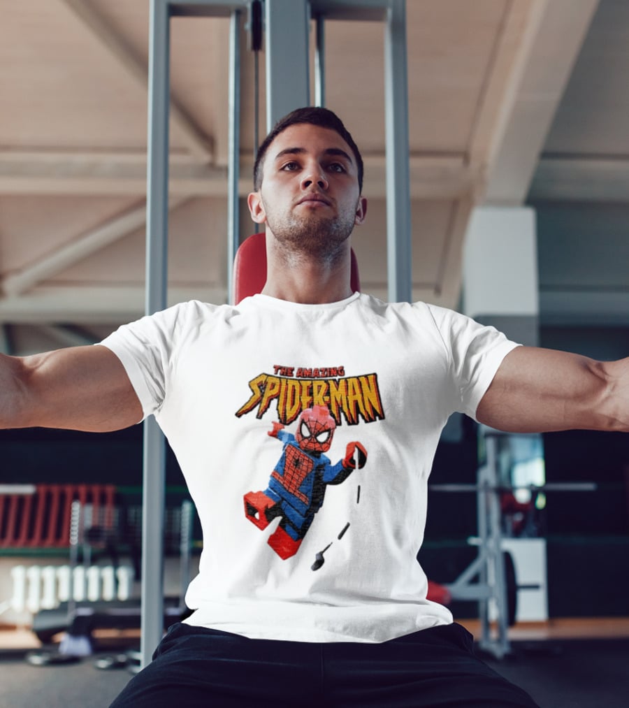 Spider Man The Amazing Lego Minifigure Swinging On Web Iconic Marvel Hero T-Shirt