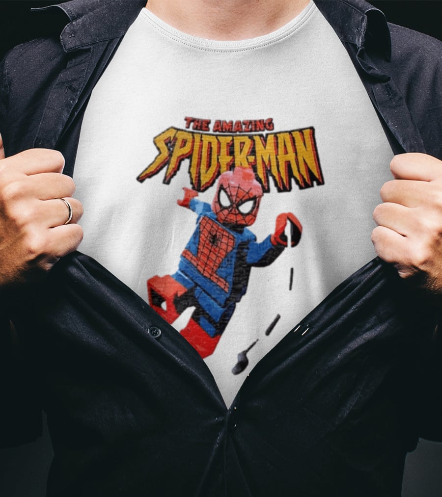Spider Man The Amazing Lego Minifigure Swinging On Web Iconic Marvel Hero T-Shirt