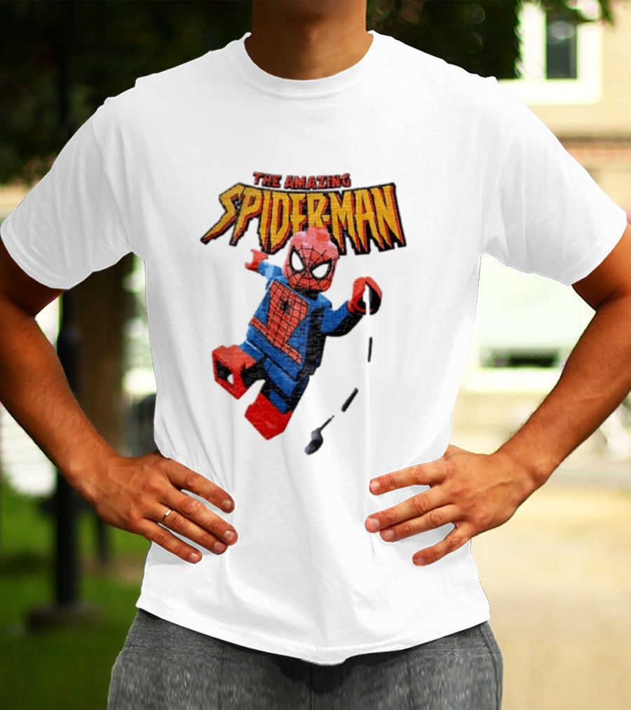 Spider Man The Amazing Lego Minifigure Swinging On Web Iconic Marvel Hero T-Shirt