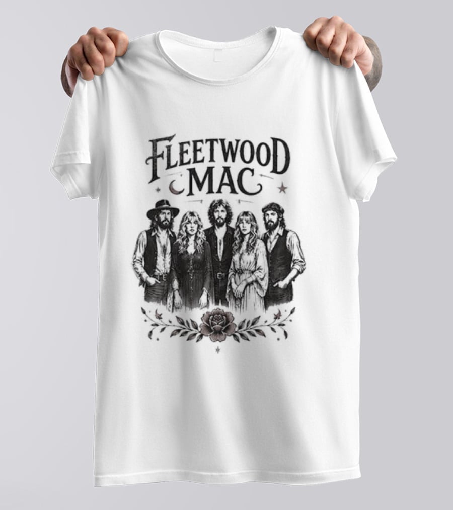 Fleetwood Mac Moonlit Harmony Silhouette With Crescent Moon And Floral Accents T-Shirt