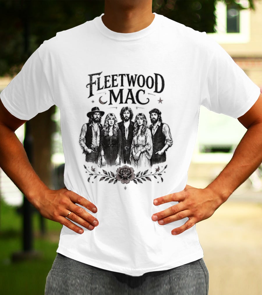 Fleetwood Mac Moonlit Harmony Silhouette With Crescent Moon And Floral Accents T-Shirt