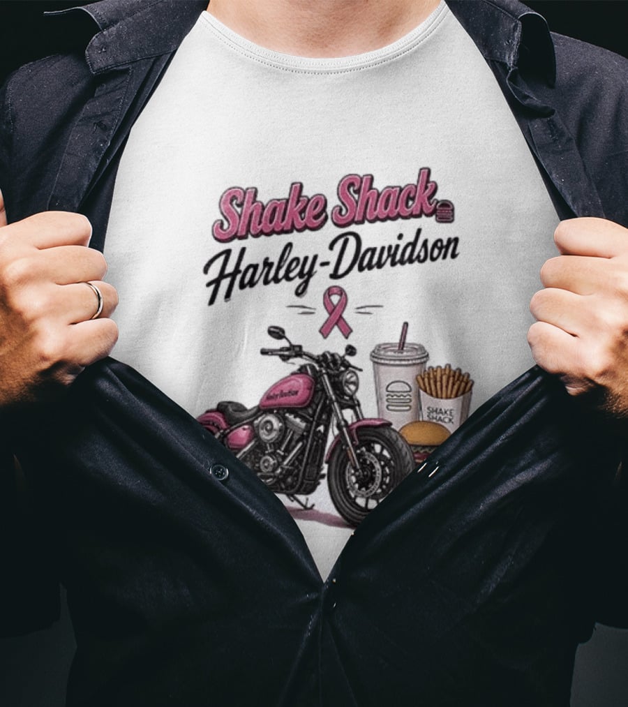 Shake Shack Harley Davidson Pink Ribbon Burger Fries Breast Cancer Awareness Month T-Shirt