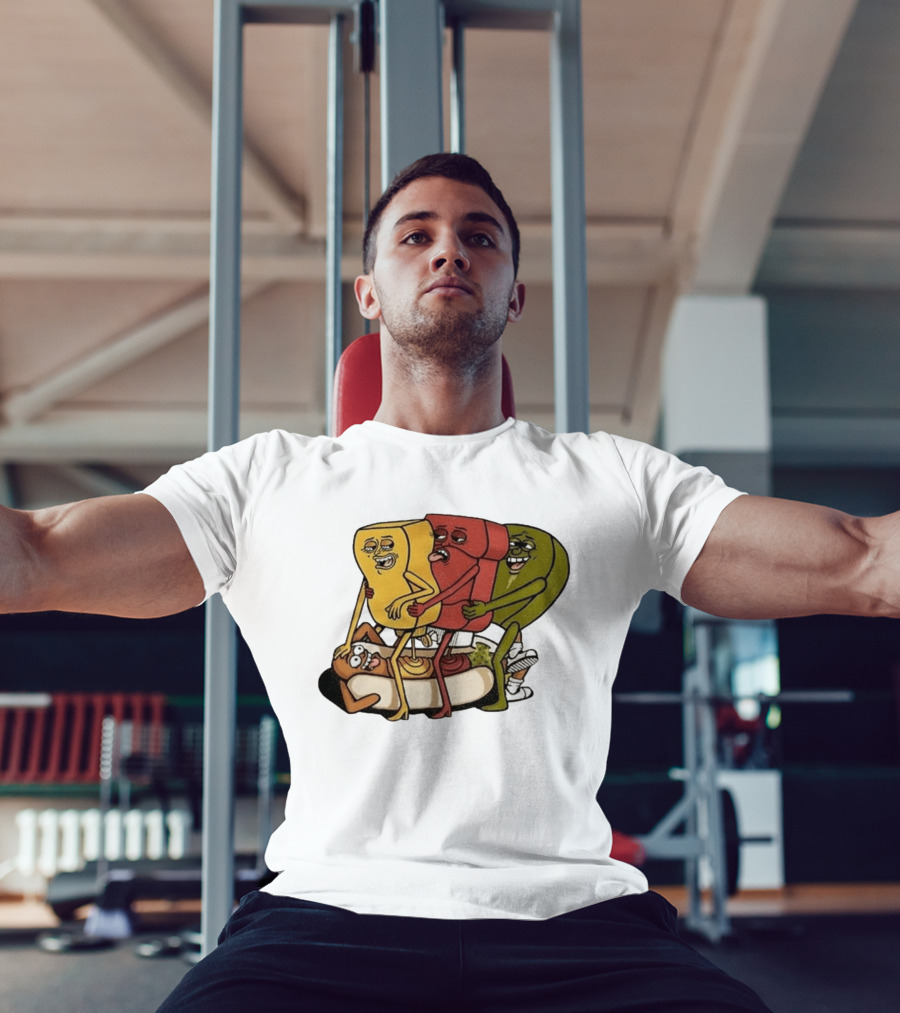 Hot Dog Topped With Mustard Ketchup And Relish Cartoon Characters T-Shirt