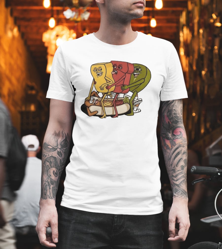 Hot Dog Topped With Mustard Ketchup And Relish Cartoon Characters T-Shirt