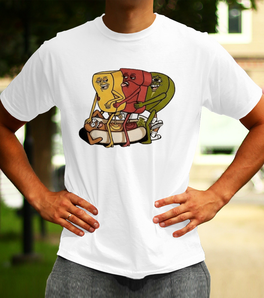 Hot Dog Topped With Mustard Ketchup And Relish Cartoon Characters T-Shirt