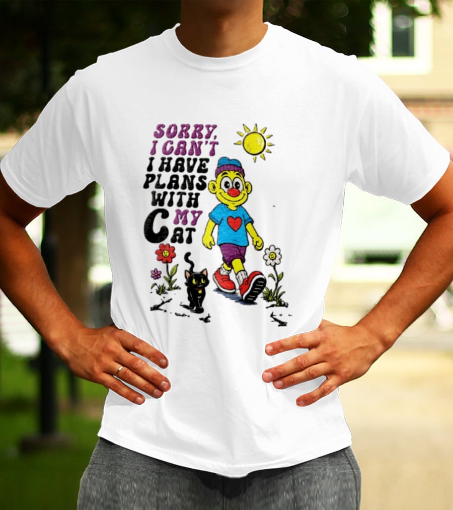 Sorry I Can't I Have Plans With My Cat Cartoon Yellow Figure Walking Sunflowers T-Shirt
