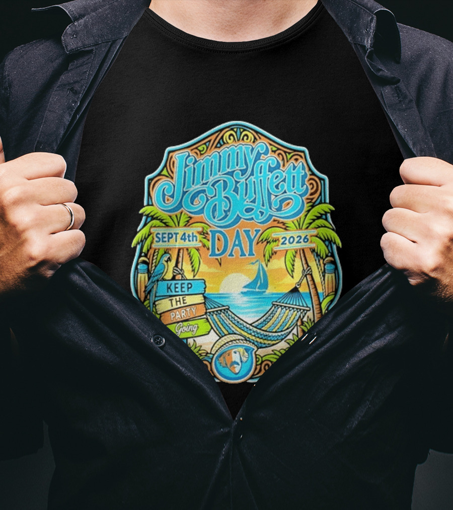 Jimmy Buffett Day Sept 4th 2026 Keep The Party Going Tropical Beach Hammock Scene T-Shirt