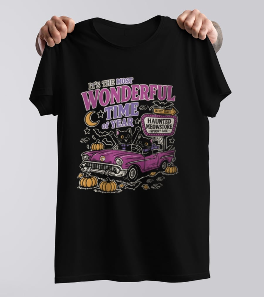 The Most Wonderful Time Of Year Halloween Cat And Pumpkins Retro Car T-Shirt
