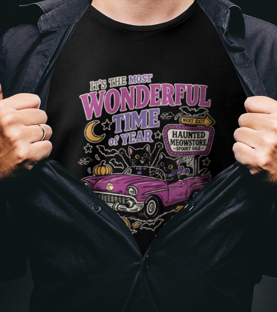 The Most Wonderful Time Of Year Halloween Cat And Pumpkins Retro Car T-Shirt