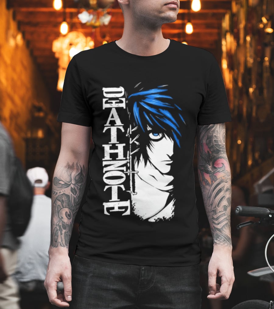 L From Death Note Distressed Anime Blue Hair White T-Shirt