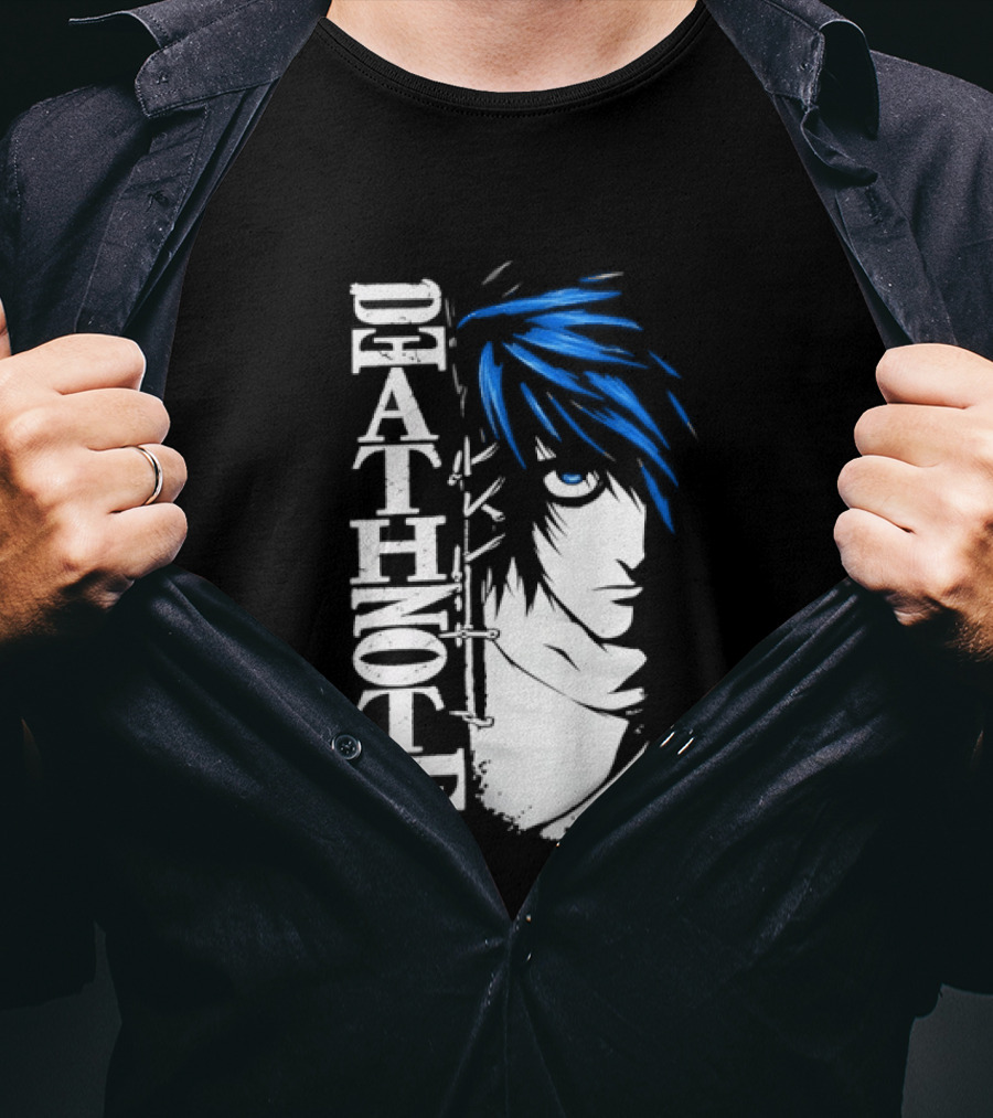 L From Death Note Distressed Anime Blue Hair White T-Shirt
