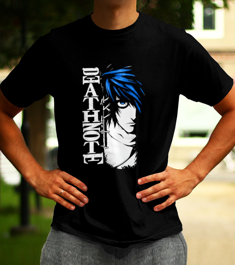 L From Death Note Distressed Anime Blue Hair White T-Shirt