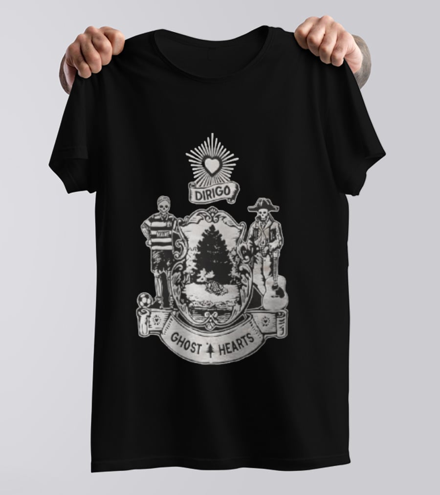 Dirigo Ghost Hearts Maine Crest With Skeleton Soccer And Guitar Players T-Shirt