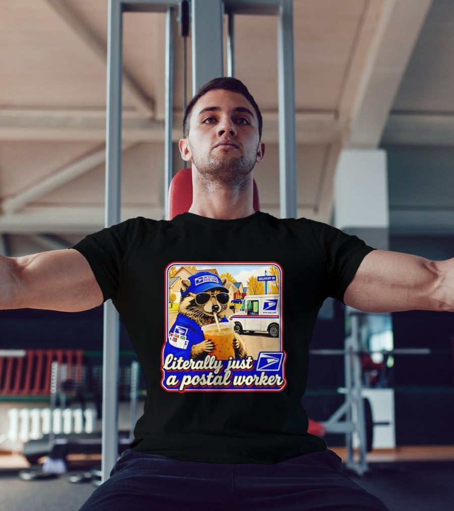 Literally Just A Postal Worker Raccoon With USA Postal Service Mail Truck Delivery Scene T-Shirt