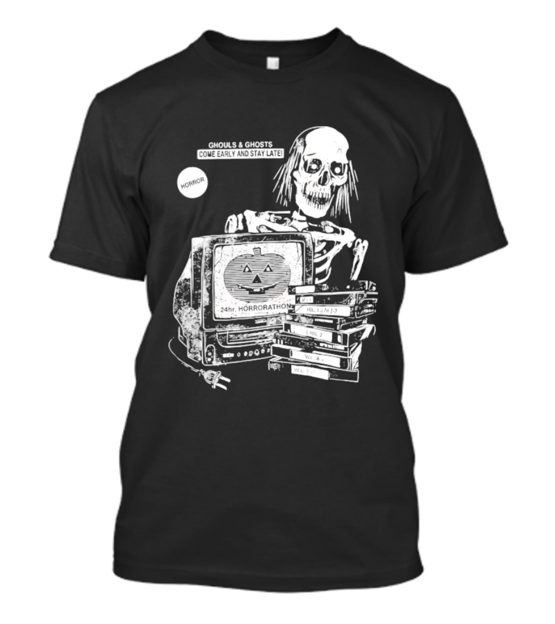 Ghouls And Ghosts 24hr Horrorathon Skeleton With TV And Pumpkin T-Shirt