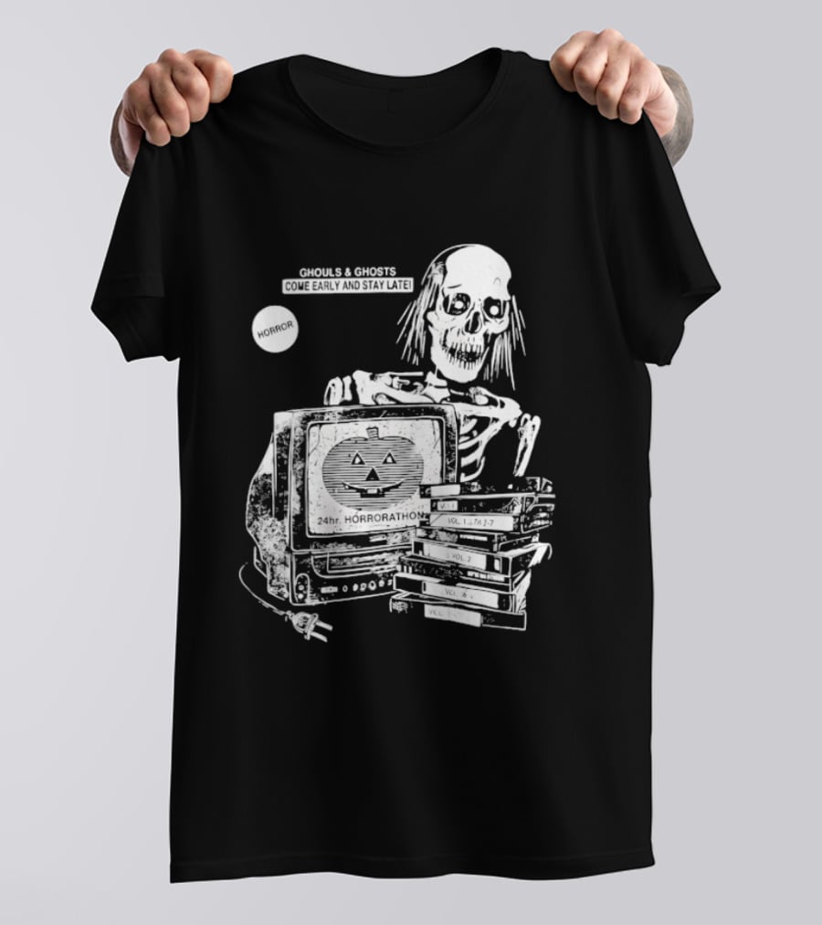 Ghouls And Ghosts 24hr Horrorathon Skeleton With TV And Pumpkin T-Shirt