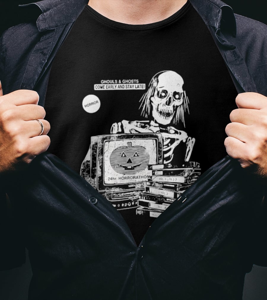 Ghouls And Ghosts 24hr Horrorathon Skeleton With TV And Pumpkin T-Shirt