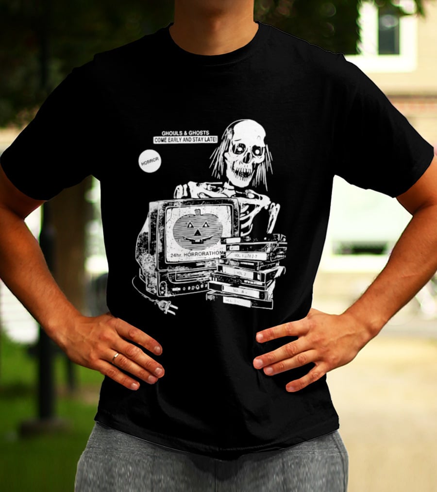Ghouls And Ghosts 24hr Horrorathon Skeleton With TV And Pumpkin T-Shirt