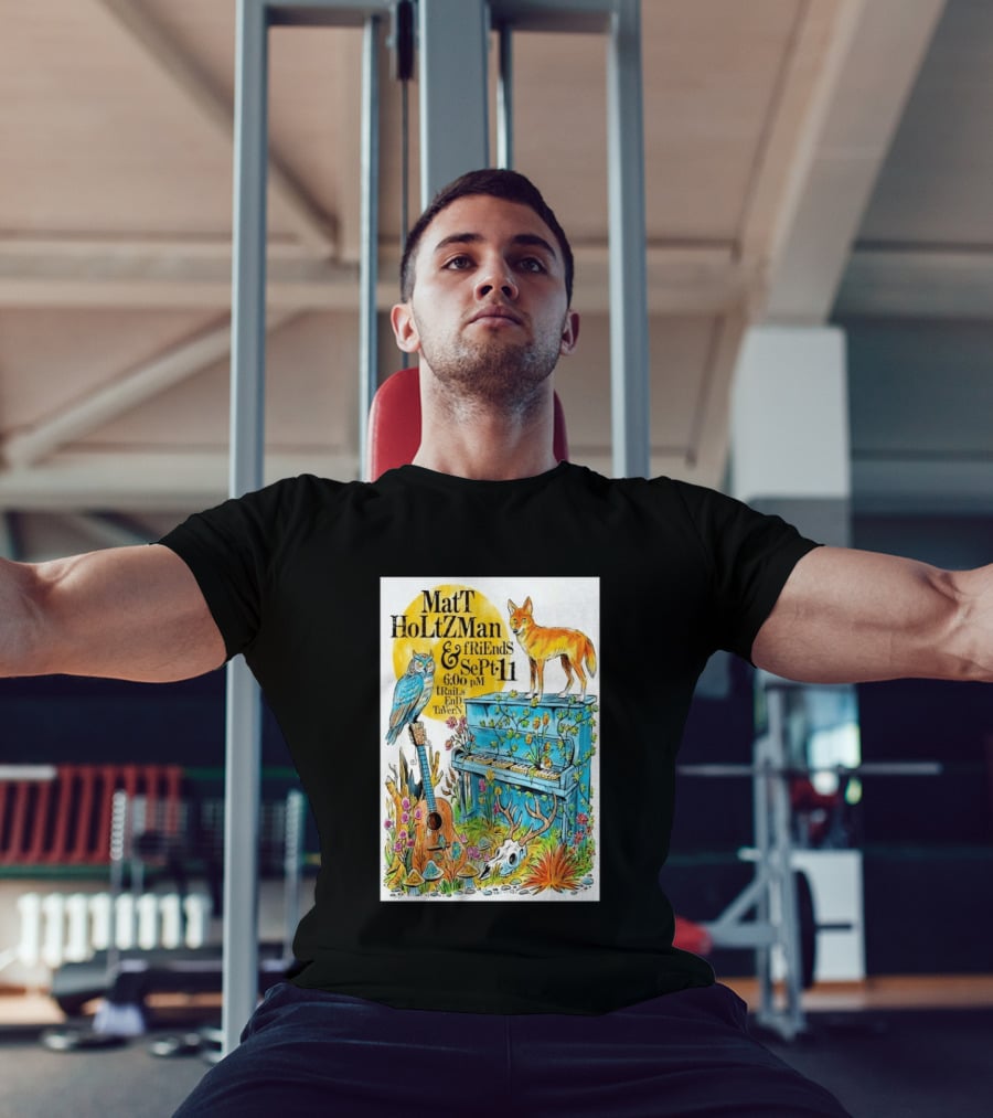 Matt Holtzman And Friends Live Music Event At Trails End Tavern September 11 Featuring Fox And Owl With Guitar And Piano Illustrations T-Shirt