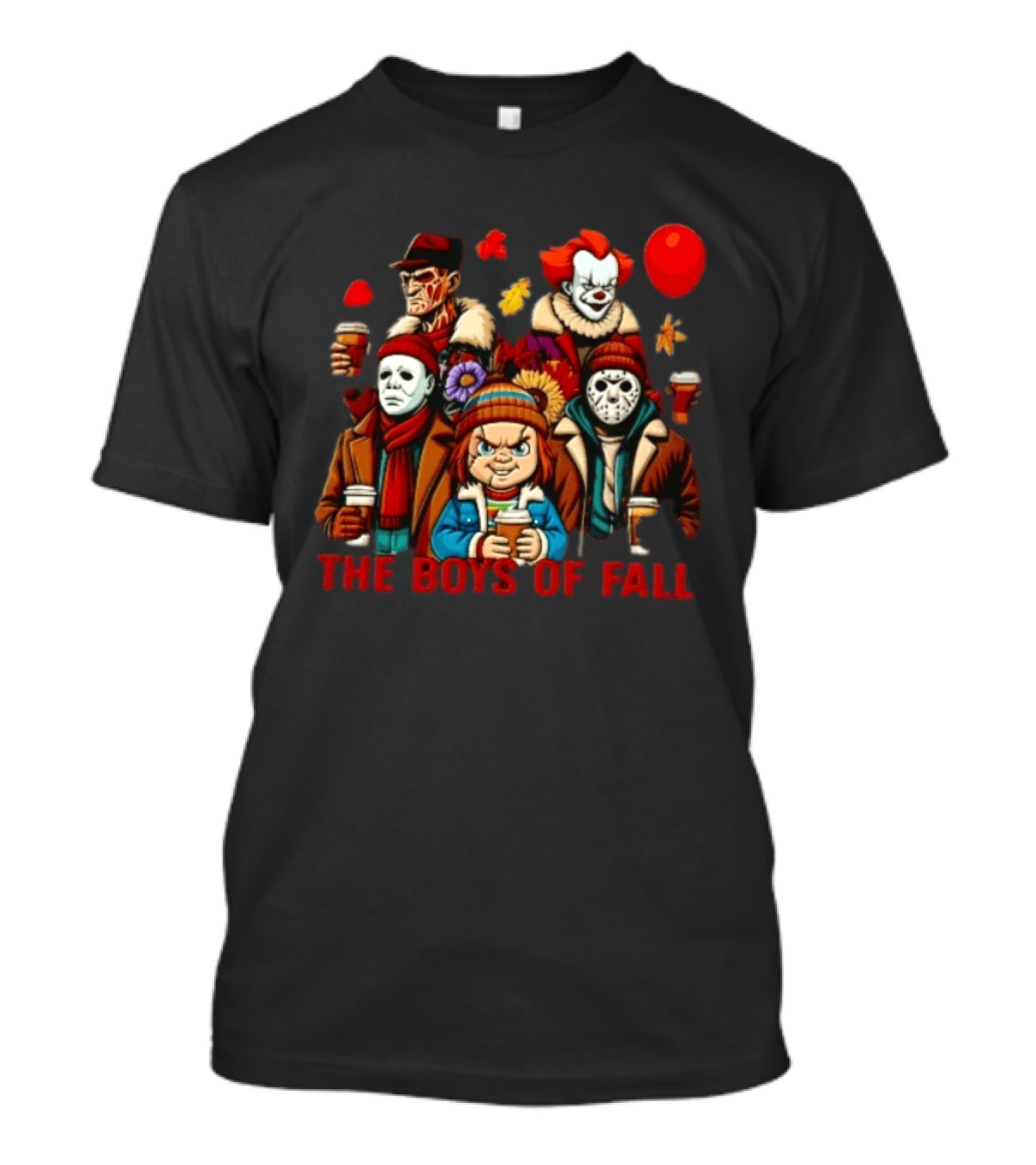 The Boys Of Fall Horror Movie Villains Holding Coffee Autumn Leaves Cartoon Balloons T-Shirt