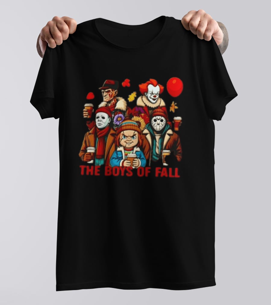 The Boys Of Fall Horror Movie Villains Holding Coffee Autumn Leaves Cartoon Balloons T-Shirt