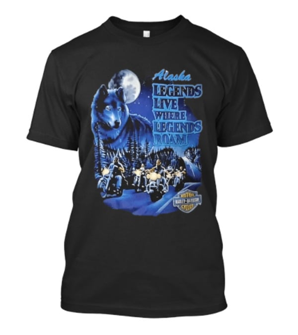Alaska Legends Live Where Legends Roam Wolf Moon Motorcycles Forest Road T-Shirt