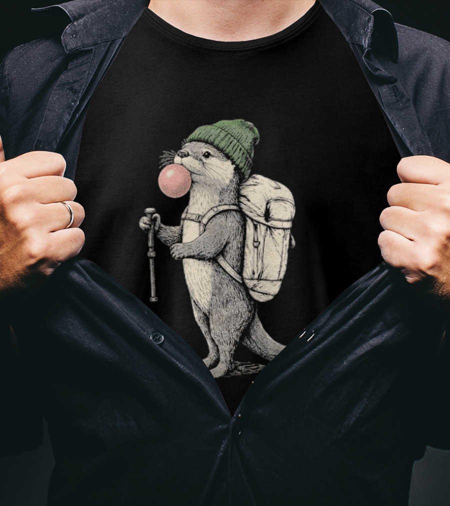 Hiking Otter Backpack Adventure With Bubble Gum T-Shirt