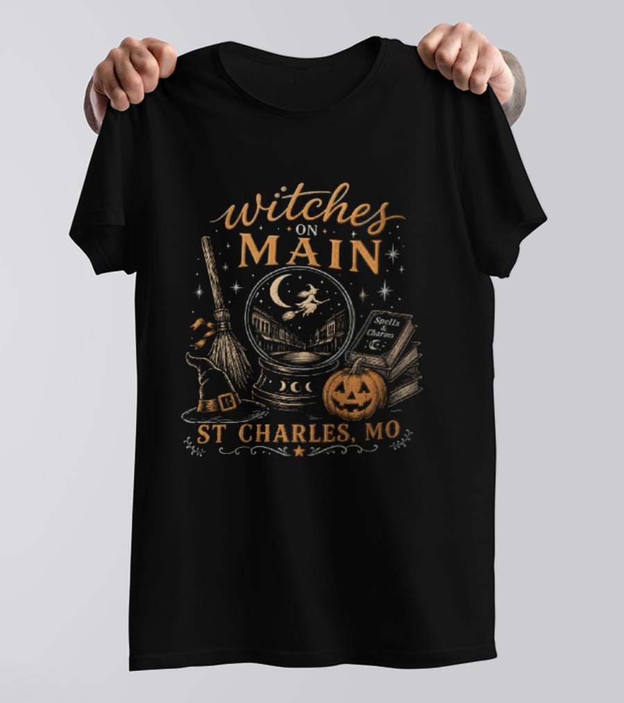 Witches On Main St Charles MO Halloween Broomstick Crystal Ball Pumpkin T-Shirt