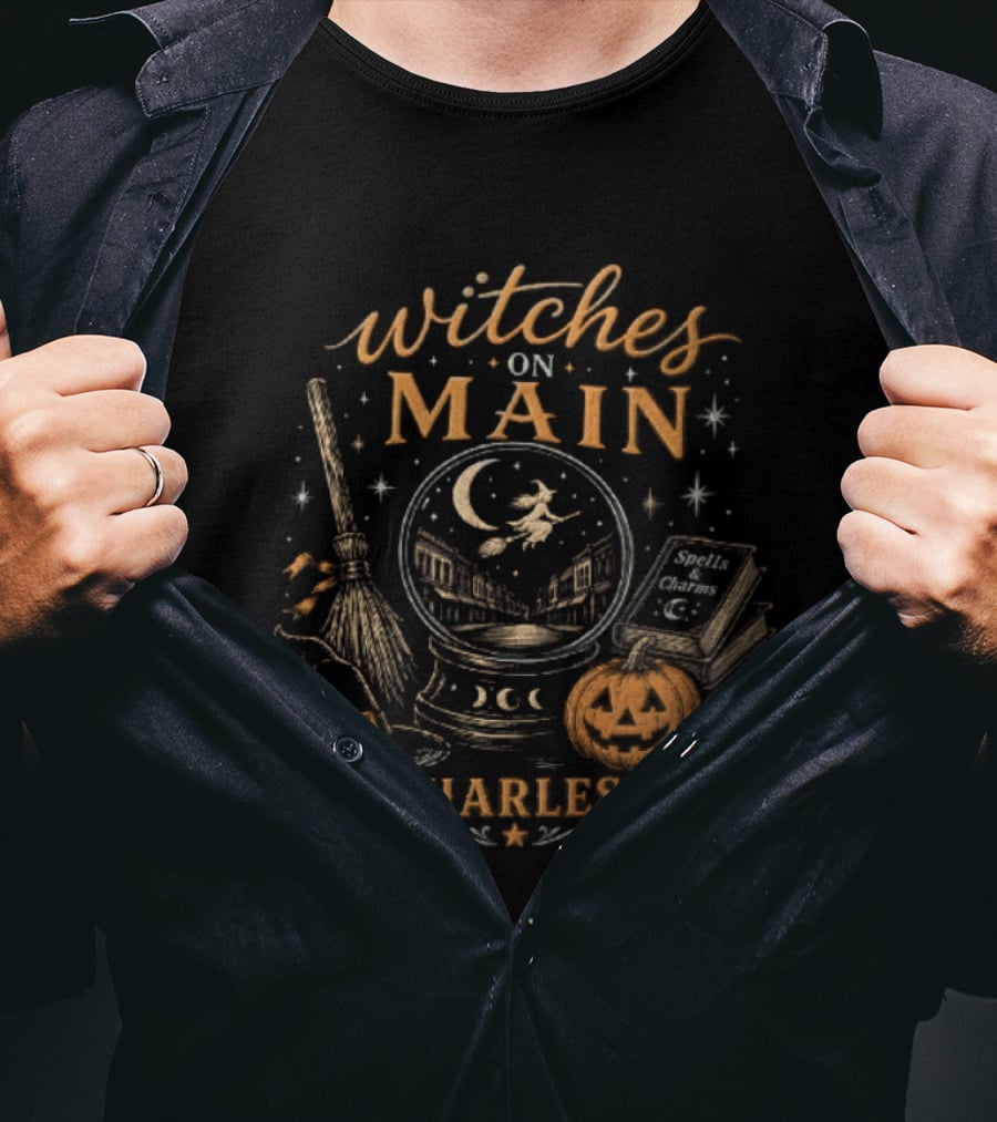 Witches On Main St Charles MO Halloween Broomstick Crystal Ball Pumpkin T-Shirt