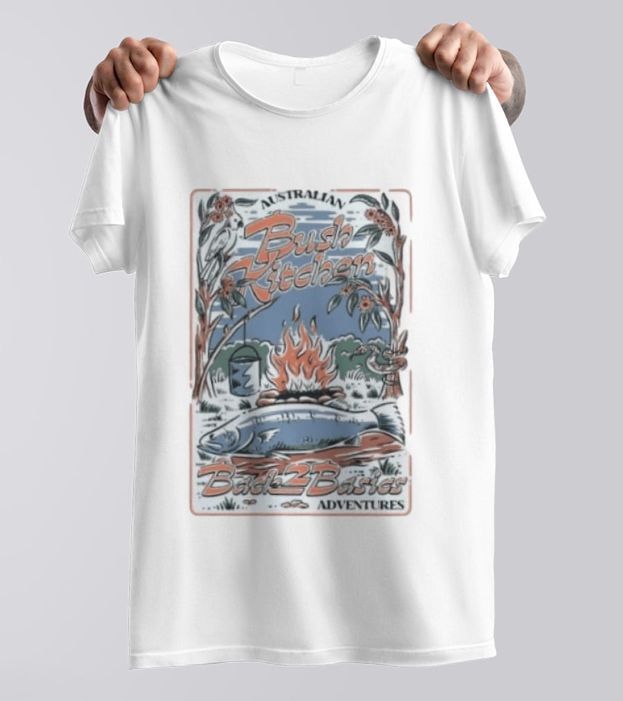 Australian Bush Kitchen Back 2 Basics Campfire Cooking Adventure T-Shirt