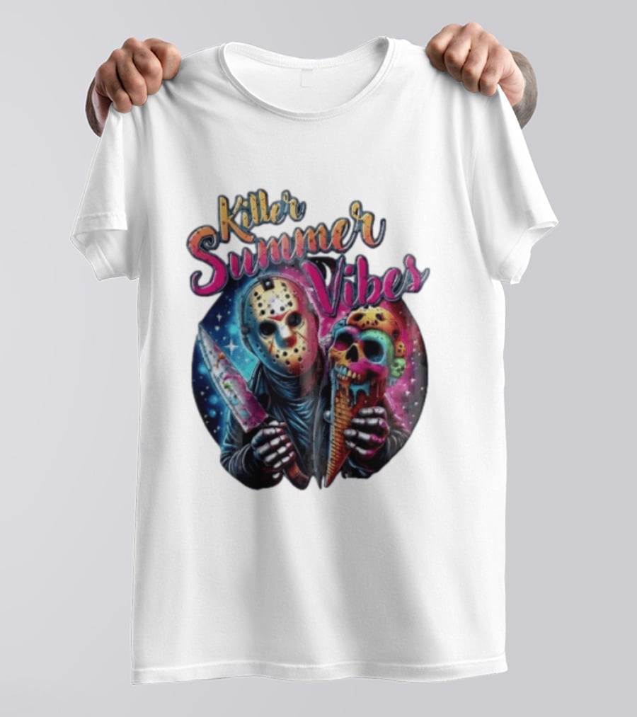 Killer Summer Vibes Hockey Mask Slasher Knife Skull Ice Cream Cone Cosmic T-Shirt