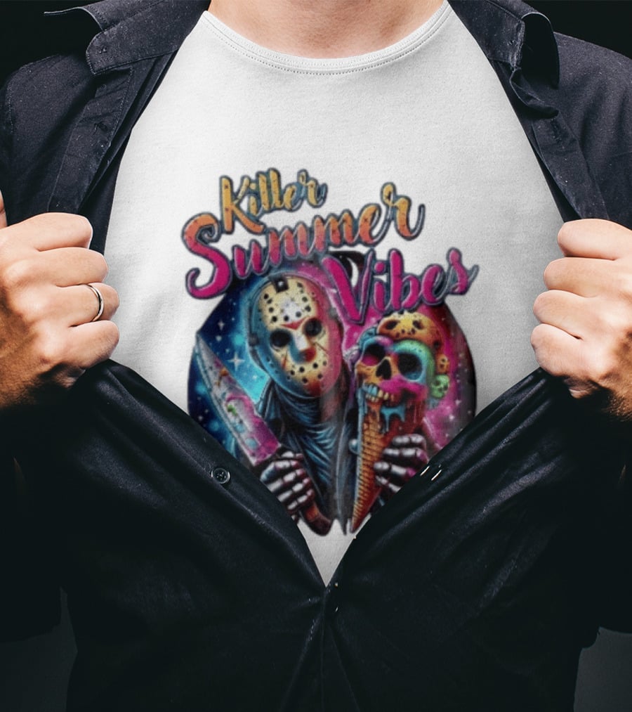 Killer Summer Vibes Hockey Mask Slasher Knife Skull Ice Cream Cone Cosmic T-Shirt