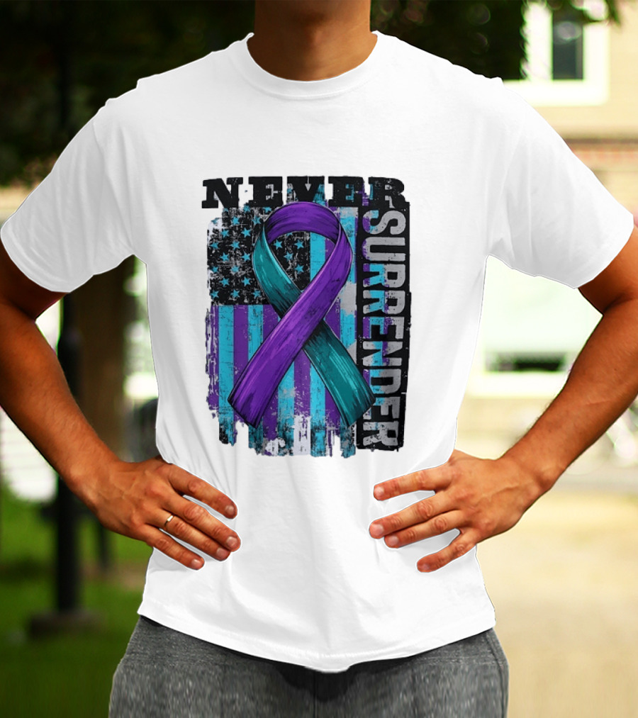 Never Surrender Teal And Purple Awareness Ribbon Distressed Flag T-Shirt